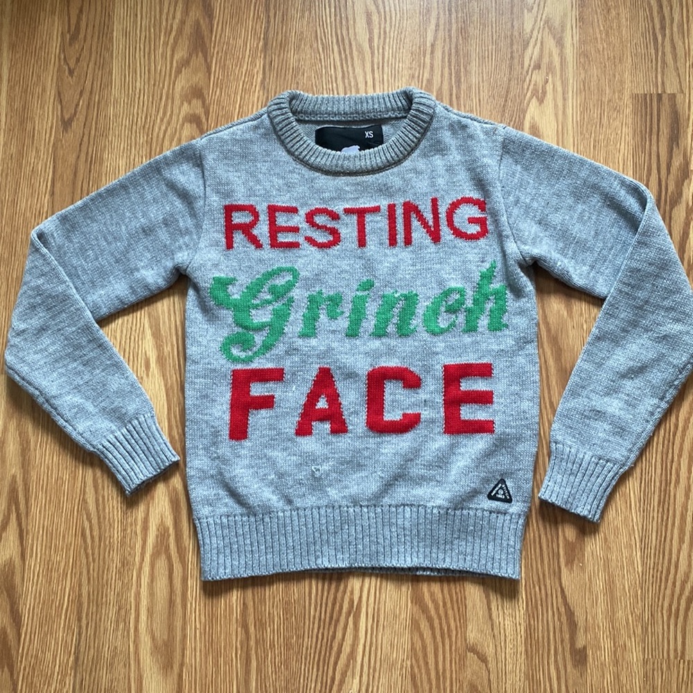 American Stitch Resting Grinch Face Christmas Sweater in Gray Size XS - Picture 2 of 12